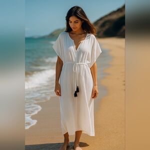 MADISON MATHEWS Gauze White Cover-Up Caftan With Tassels One Size